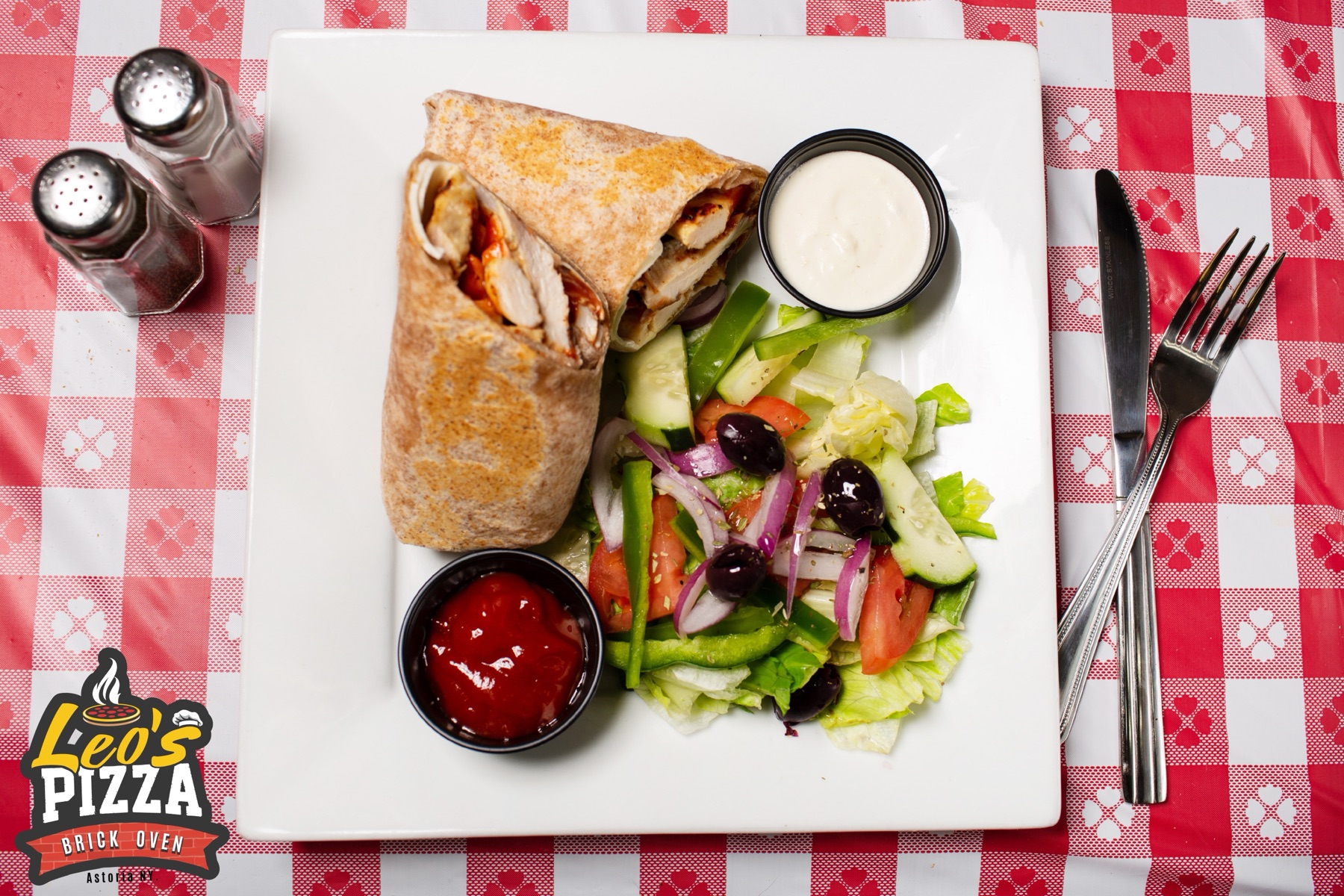 Chicken wrap and salad from Leo's Pizza